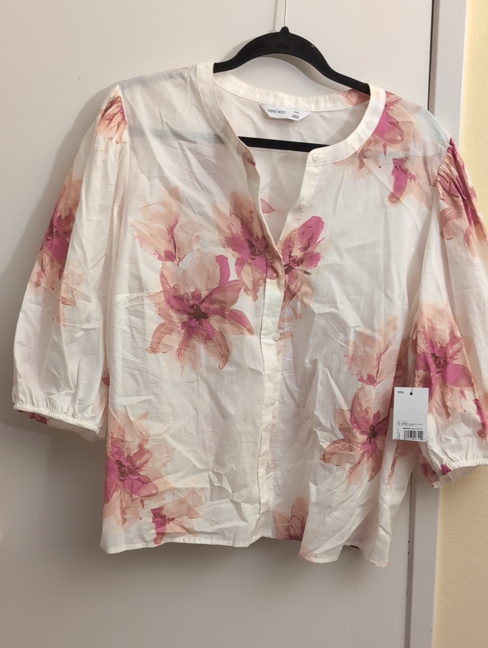 Nine West White Blouse with Pink Floral Print